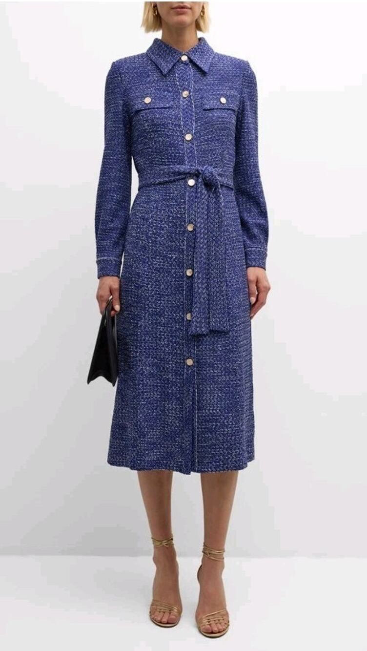 Misook Belted Tweed Knit Midi Dress - Starry Night Blue Size Small